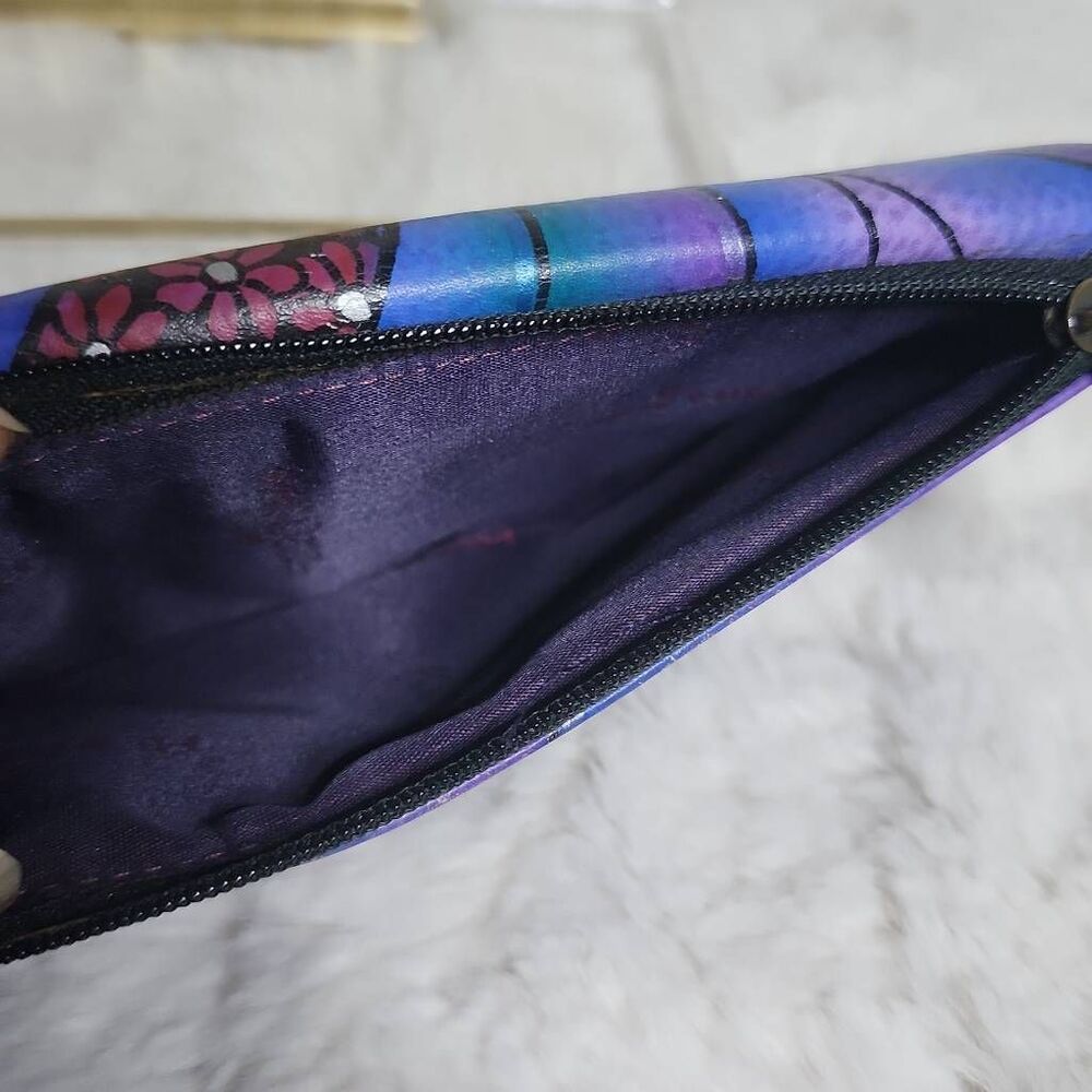 Anna by Anuschka Hand Painted Leather  Clutch Wallet "Dreamy Peacock Dewberry" - Picture 6 of 8